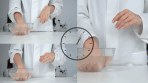 A collage shows a person in a white lab coat dipping their hand into a glass bowl with water, with a clock graphic