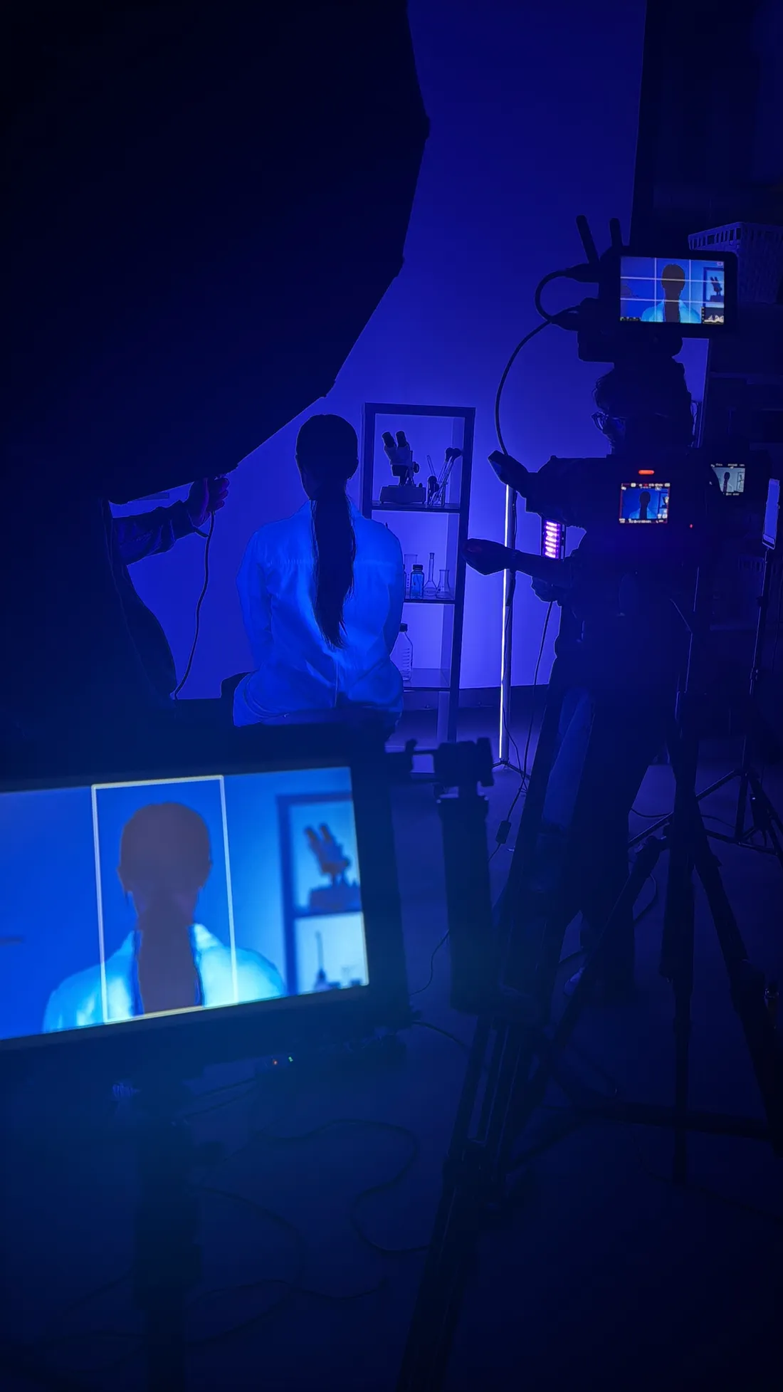 Behind the scenes of a USP product demo video shoot under studio lighting