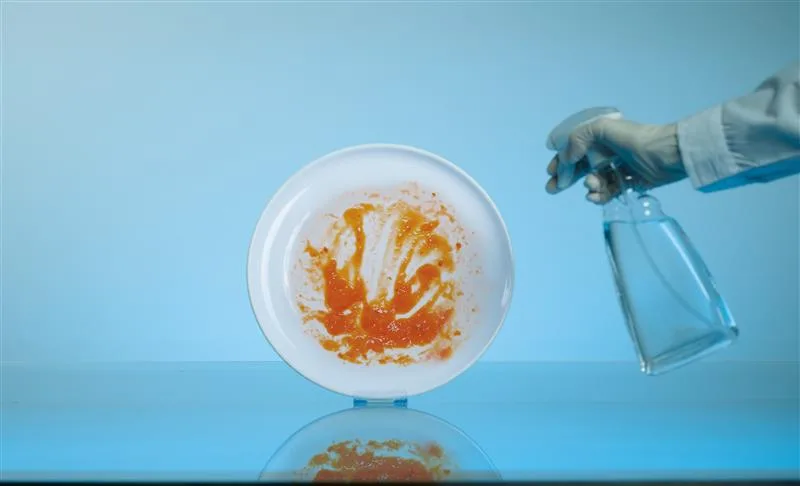 A stained plate and spray bottle in a home care cleaning performance demo